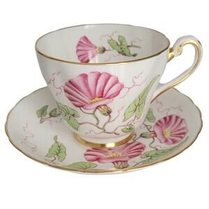 Tuscan Pink Morning Glory Fine English Bone China Cottagecore Tea Cup Saucer